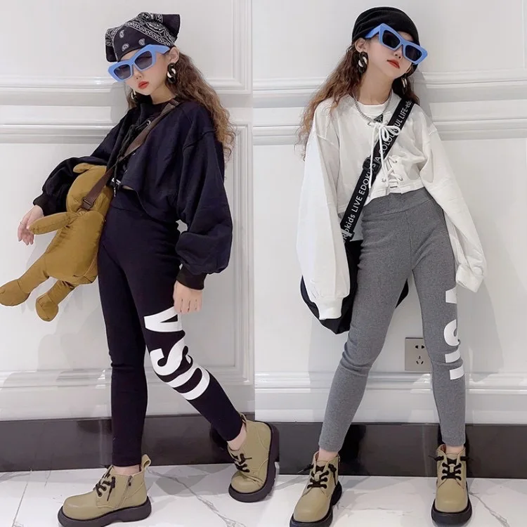 

Teen Girl Sports Suit For Children Drawstring Ties Wide Loose Top + Kids Casual Letter Elastic Leggings Printing All-match Pants