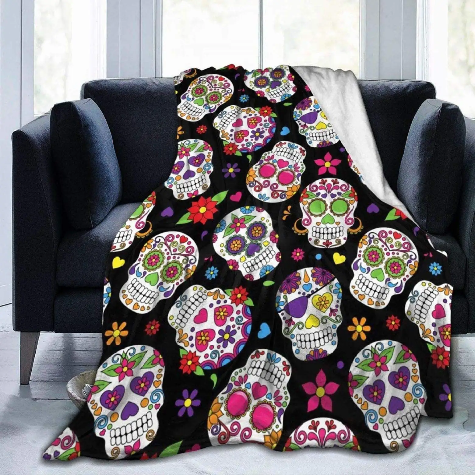 

Mexican Sugar Skulls Flannel Fleece Blanket Ultra Soft Cozy Warm Throw Lightweight Blanket Microfleece Blanket for Home