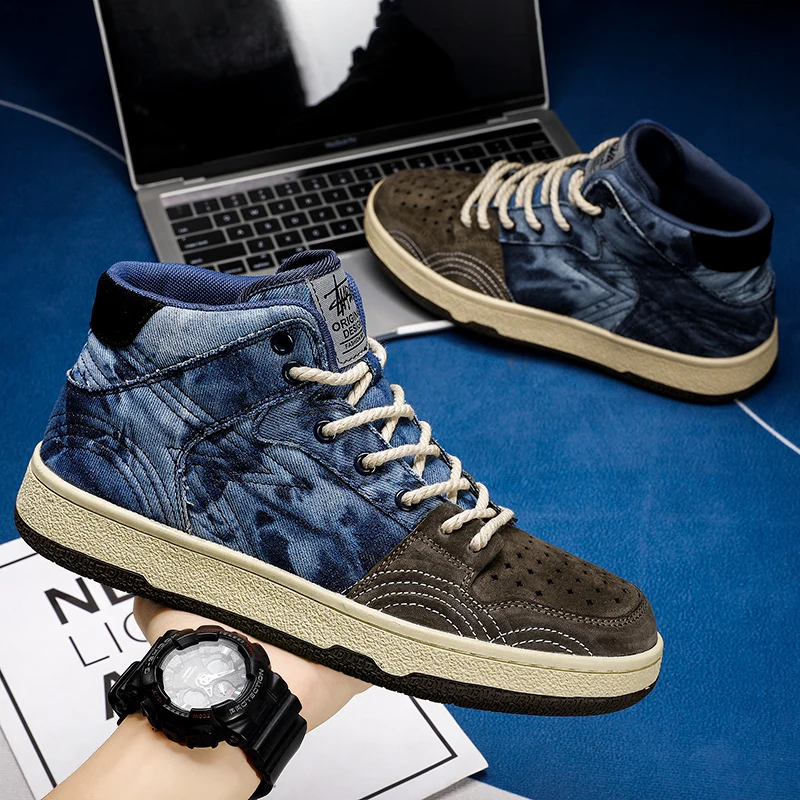 

Men's Skateboard Shoes Fashion Mixed Color Denim Fabric Sneakers Outdoor Breathable Casual Mid-top Shoes All-match Men Shoes