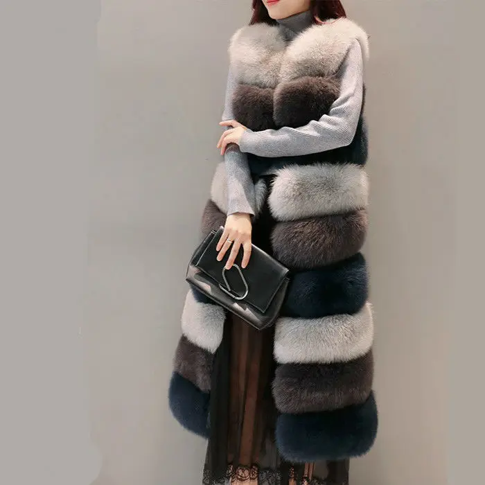 

Женский Длинный жилет, разноцветное пальто из искусственного лисьего меха в стиле пэчворк, зимняя одежда, бесплатная доставка