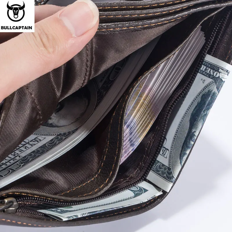 Мужской кожаный кошелек BULLCAPTAIN короткий на молнии с тремя складками и застежкой