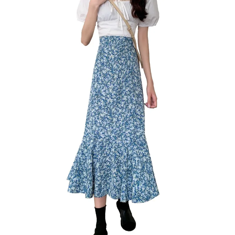 

ZAWAHIKI Korean Vintage Elegant Print Women's Skirts Summer 2021 High Waist Chiffon Mermaid Skirts Tender Mid-calf Skirts
