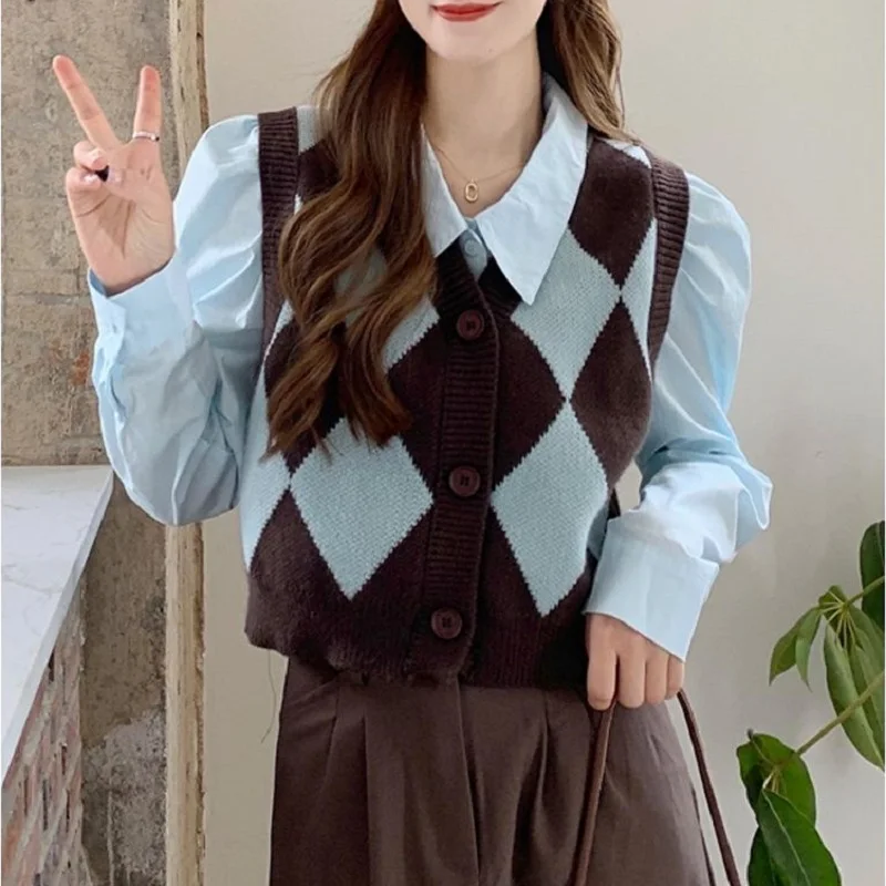 

Deeptown Preppy Style Knitted Sweater Vest Women Vintage Argyle Plaid V-neck Jackets Korean Fashion Color Contrast Knitwear Tops