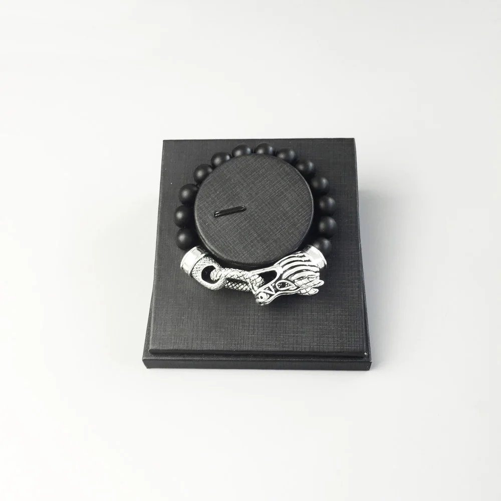 Бусины в виде головы дракона браслеты из черного натурального обсидиана 925 пробы