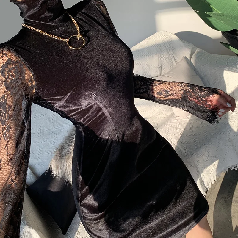 Черное облегающее платье с высокой талией кружевное Сетчатое длинным рукавом и