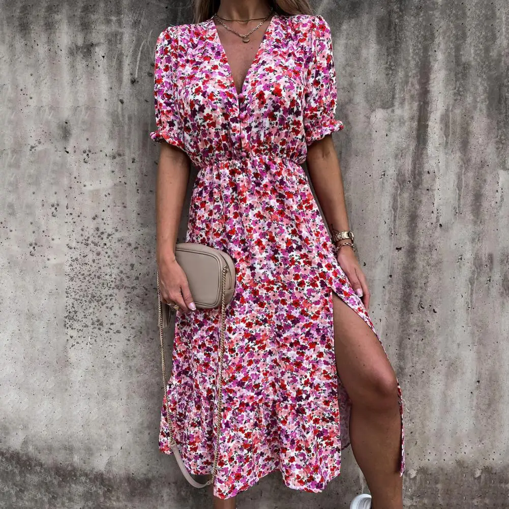 

Bohemian Floral Print Sexy Split Dress V-neck Button Women Summer Puff Short Sleeve Midi Dress Female A-line Chic Party Dresses