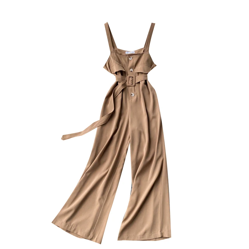 

Retro Overalls Women's Temperament Square Collar Buttoned Slim Long Wide-leg Pants Women's Holiday Style Suspender Jumpsuit