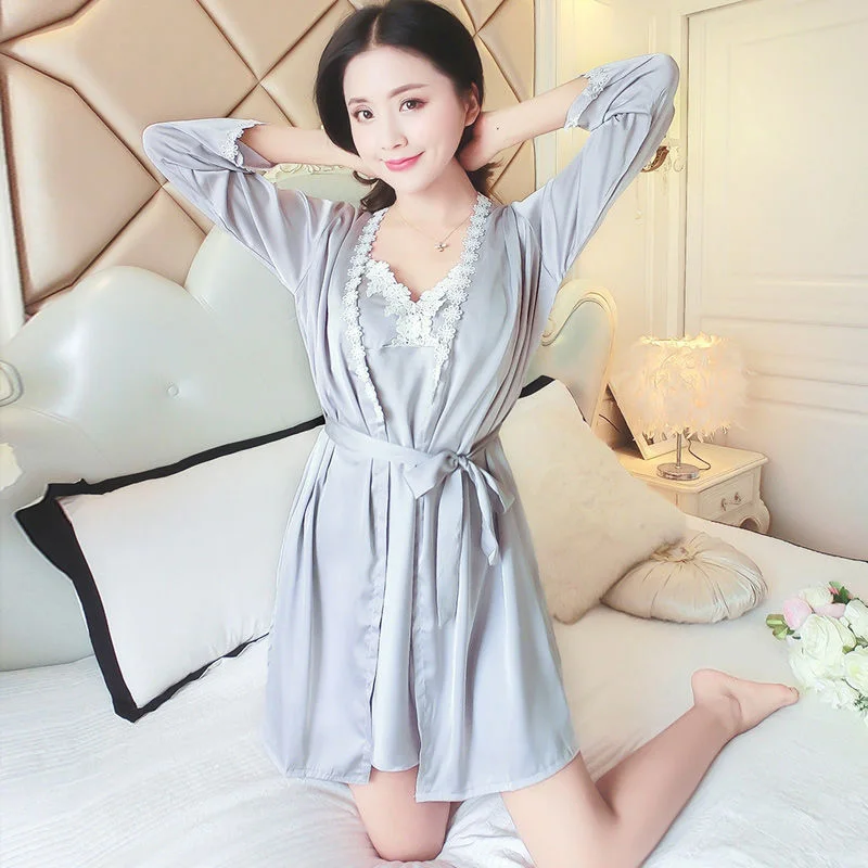 Сексуальная пижама из искусственного шелка летняя однотонная тонкая с кружевом