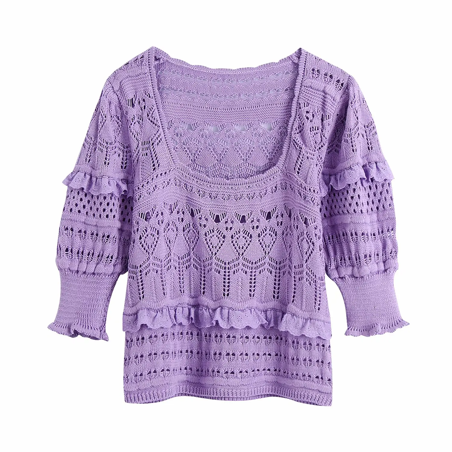 

New Women Vogue Jacquard Mesh Ruffled Knitted Crop Top Half Puff Sleeve Square Collar Vintage Female Sweater Chic Tops