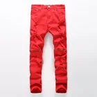 Новый модный бренд; Цвета: красный, белый, черный рваные джинсовые сапоги до колена отверстие байкерские джинсы на молнии для мужчин тонкие узкие рваные джинсовые брюки из хлопка женские джинсы
