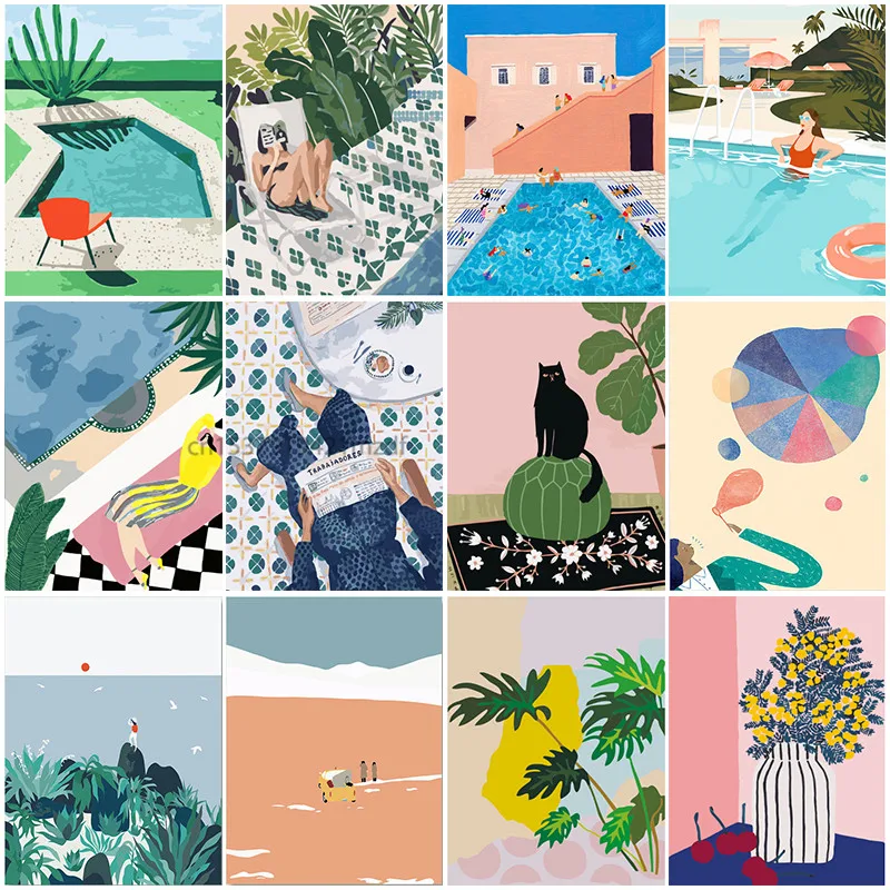 

5D DIY Full Drill Diamond Painting Landscape Cartoon Swimming Pool Diamond Mosaic Lake Scenery Embroidery Cross Stitch Art Decor
