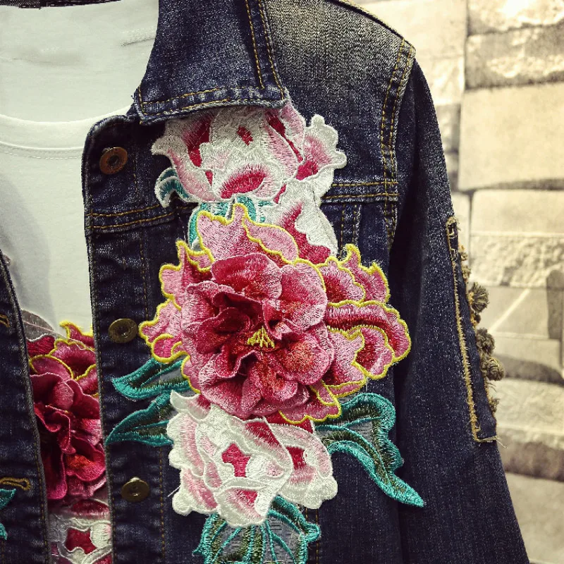 

European Style Flowers Appliques Jean Jackets Women Street Style Peony Embroidery Frayed Denim Jackets Girls Spring Basic Coats