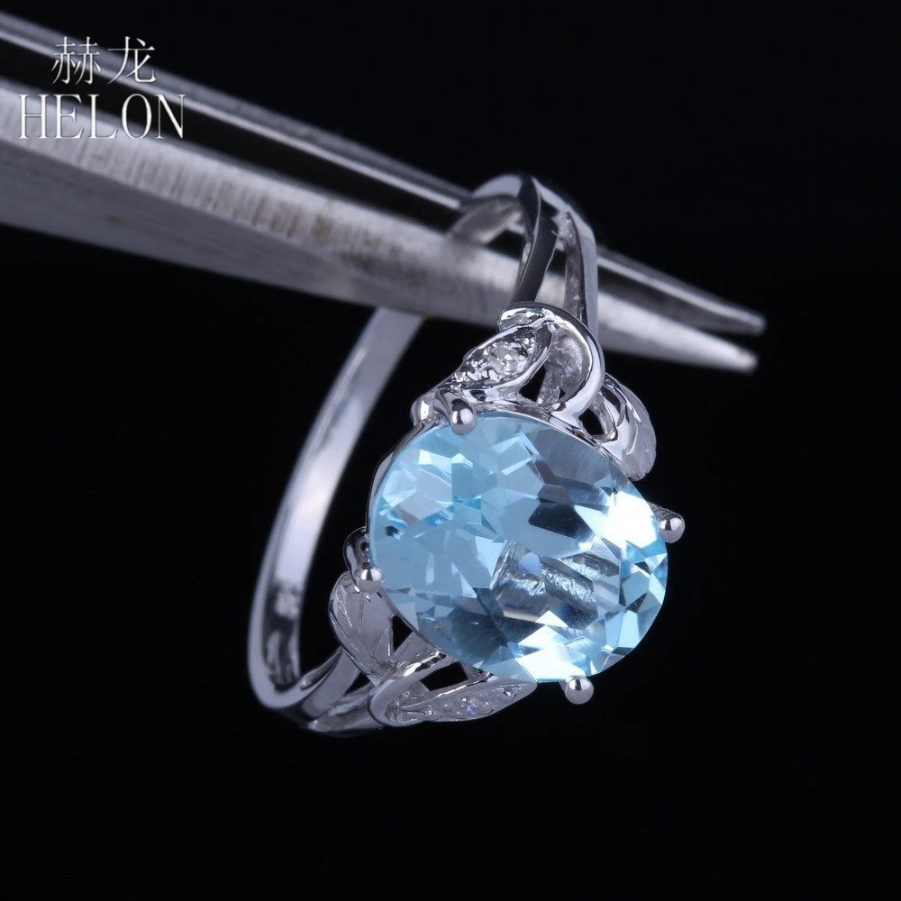 

HELON Solid 14K White Gold 10x8mm Oval Genuine Sky Blue Topaz & Diamonds Engagement Ring Women Wedding Anniversary Fine Jewelry