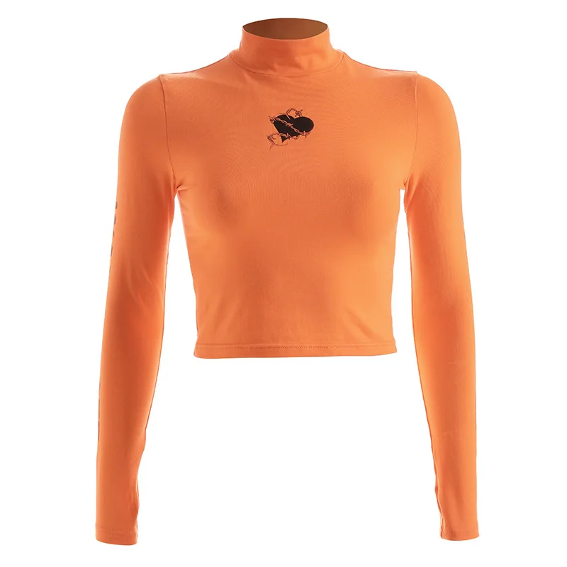 

Women Sexy Crop Top T-Shirt 2021 New Long Sleeve Letters Printed Turtleneck Tops Fashion Orange Y2k Tee HT3403W10