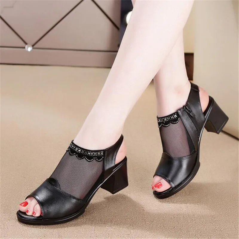 Hot Sales 2022 New Summer Hollow Genuine Leather Women Sandals Fashion Fish Head Comfortable Shoes High Heels 5 Cm | Обувь