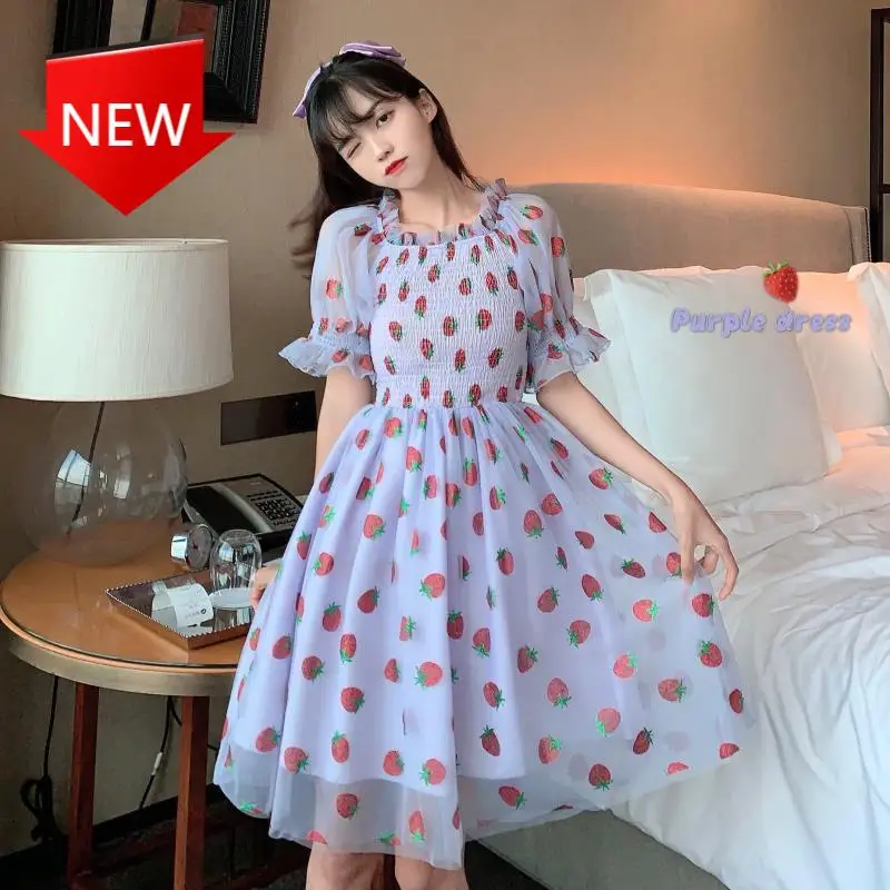 

korean fashion Dress Women French Style Lace Elegant Printed Kawaii Dress Women Chiffon Sweet Dress Casual Puff Sleeve