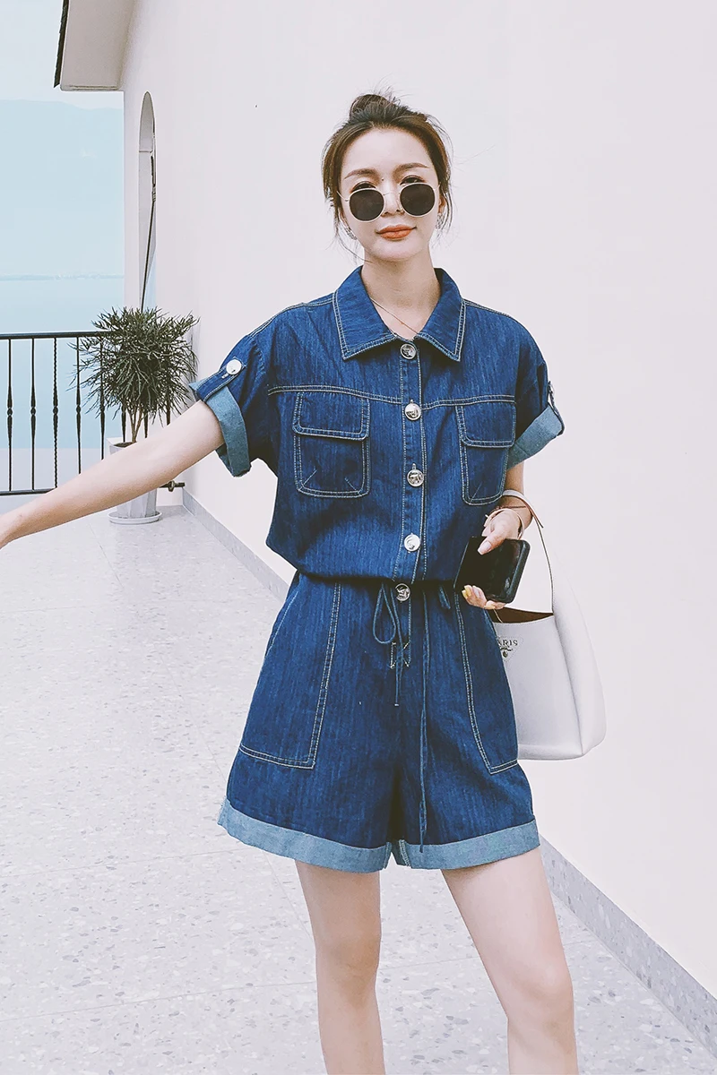 

Denim Rompers Women 2021 Summer Short Sleeve Single Breasted Loose Casual Wide Leg Shorts Jumpsuits Outfit One Piece Overalls