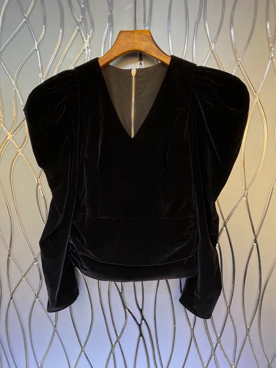 

2021 new women fashion V-neckline back zipper sleeves wrinkled long-sleeved wild velvet top 927