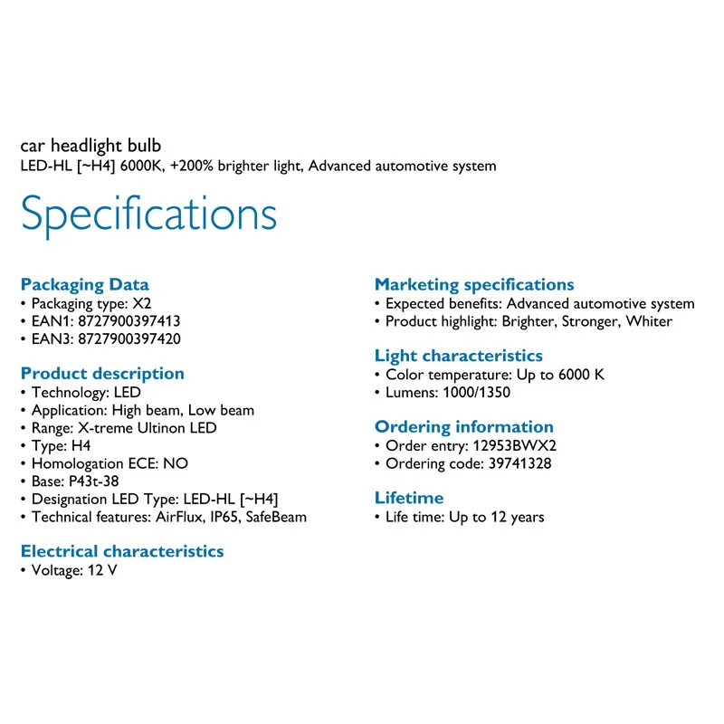 

Philips X-treme Ultinon LED H4 9003 HB2 12V 12953BWX2 Car Headlight 6000K +200%