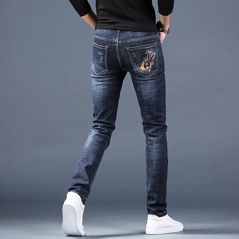 Autumn Men's Black Blue Jeans Fashion Printed Slim Fit Pencil Pants Streetwear Stretch Denim Trousers