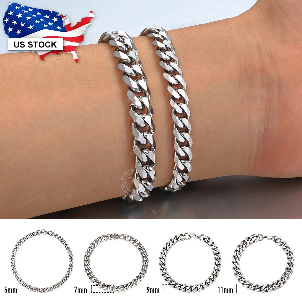 

Fashion Womens Men's Stainless Steel Punk Silver Color Curb Link Chain Bracelet 3 5 7 9 11MM Bangle Bracelets Jewelry LKB214