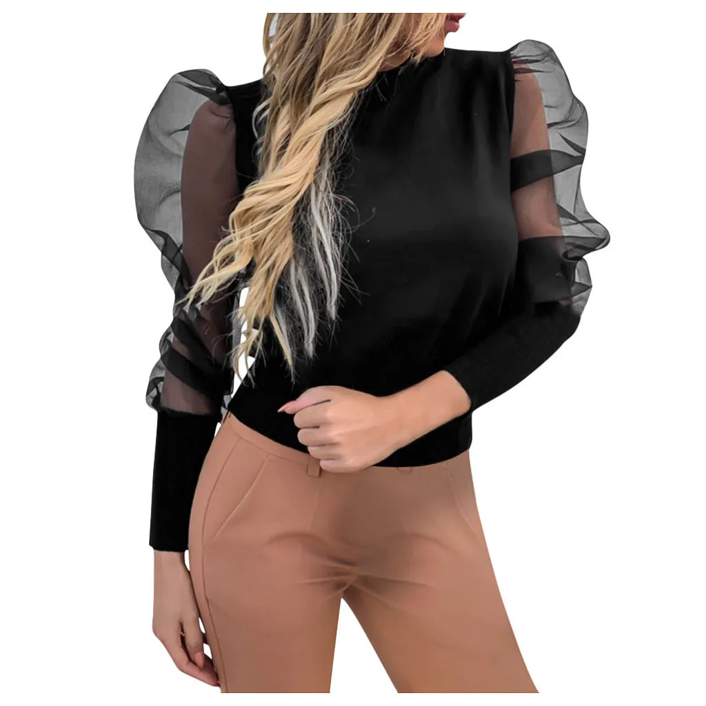 Женская сетчатая блузка с буфами на рукавах пикантная прозрачная блуза в горошек