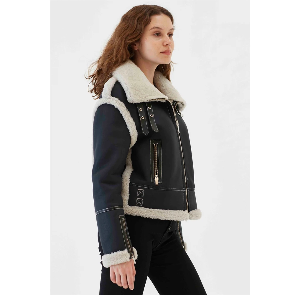 2019 New Womens B3 Shearling Jacket Turkey Sheepskin Coat Blue Leather Jacket Biker Coat Short Fur Jacket