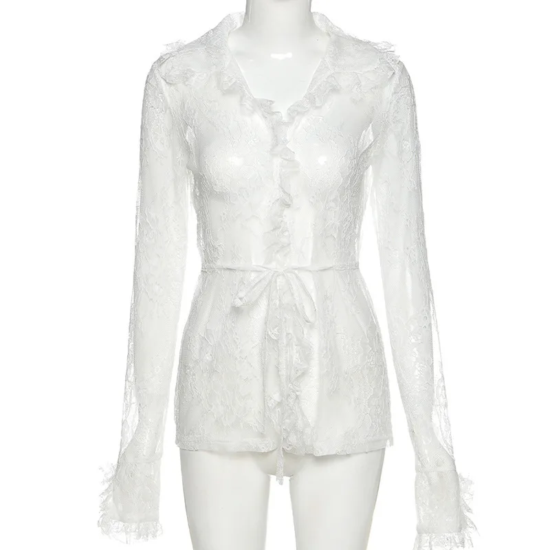 

Women Long-Sleeved V-Neck Mesh See-Through Lace Coat All-Match Elegant Solid Fashion Jacket Summer Sunprotection Clothing Beach