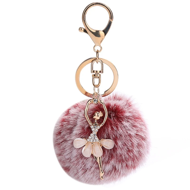 

Faux Fur Plush Pom Pom Ball Keychain with Rhinestone Ballet Dancer Pendant Charm