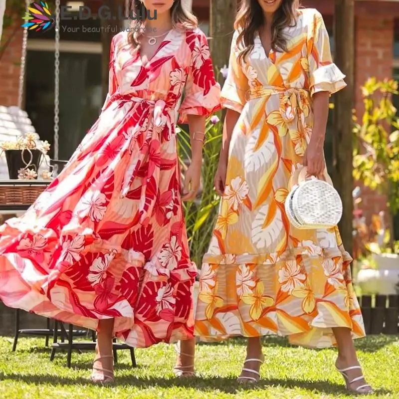 

EDGLuLu Women V-neck Lotus Sleeve Bohemian Floral Print Maxi Dress Summer Casual Lace-up Loose Long Dress Holiday Vestidos 1119