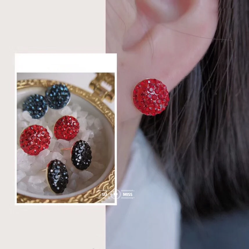 

Free Shipping Fashion Crystal Rhinestone Round Shape Stud Earring Red Blue Black Earring Jewelry for Girls Ladies Students Gifts