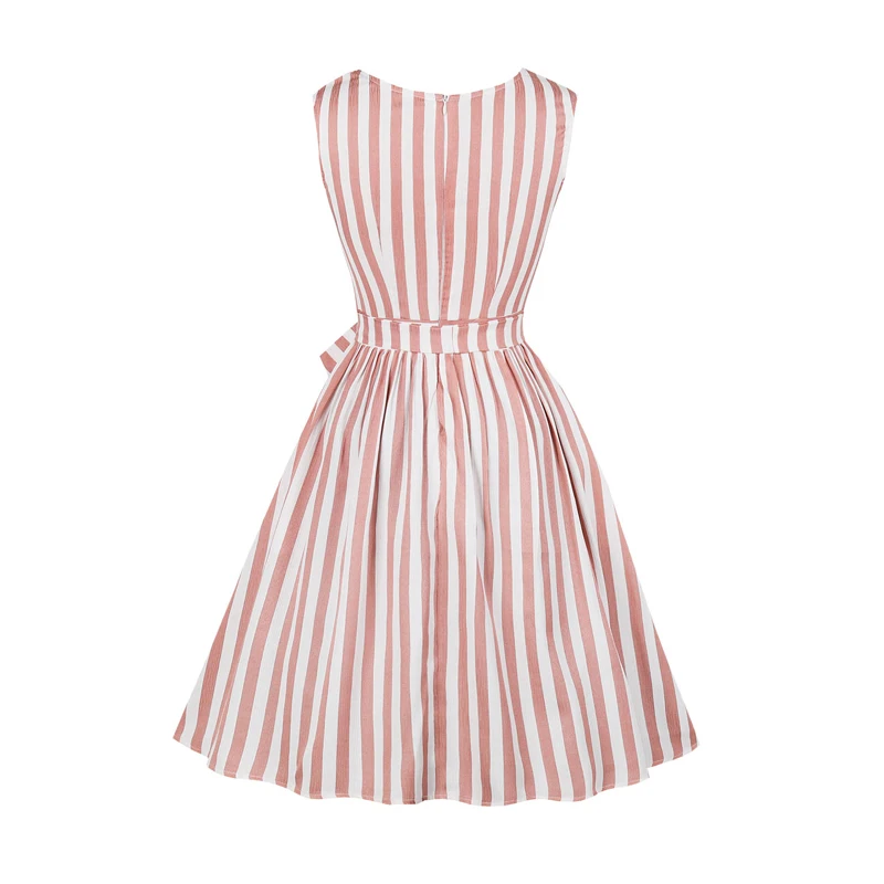 OTEN NEW Summer dresses large sizes Women Sexy Sleeveless O Neck Pink White Stripes Backless Rockabilly Pin up Knee Length dress | Женская