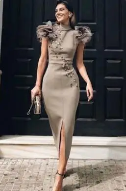 

Brown Muslim Evening Dress Feather Sequin Lace Slit Islamic Dubai Kaftan Saudi Arabic Formal Dress Boho Prom Dress