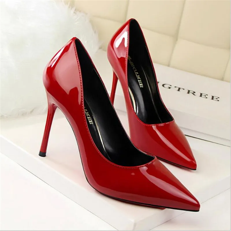

BIGTREE Patent Leather Fashion Women Pumps High Heels Shallow Ladies Office Shoes Pointed Toe Concise Women's Red Wedding Shoes