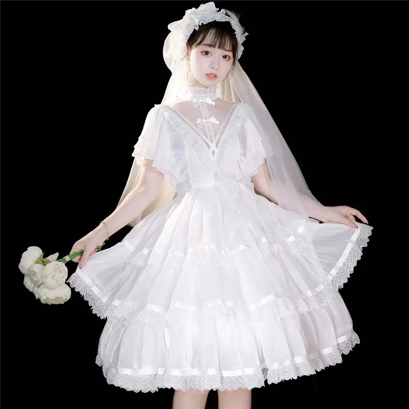 Vestido gótico Lolita Op elegante de diario, vestido francés de flores de Boda de verano, Anime blanco y negro, chicas dulces Kawaii con escote en V para fiesta de té