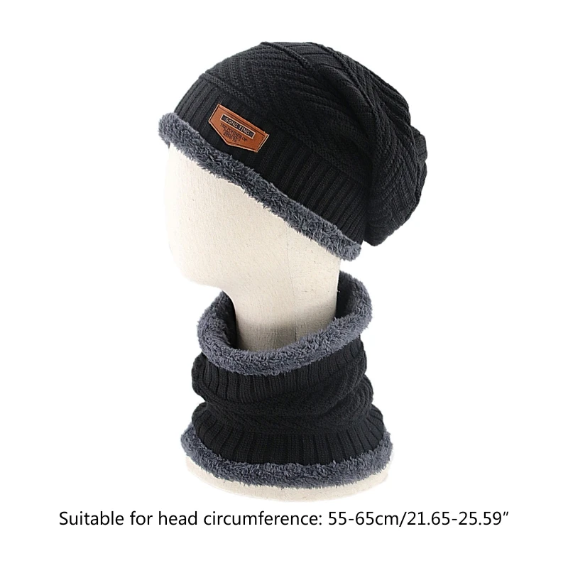 

2 Pieces Winter Cycling Windproof Chunky Knitted Beanie Hat Circle Scarf Set Thicken Warm Plush Lining Slouchy Skull Cap