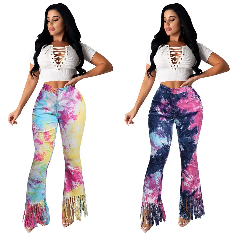 

HIRIGINJeans 2020 Fashion Women High Waist Tie Dyeing Print Pants Club Streetwear Tassels Bodycon Slim Demin Flared Jeans