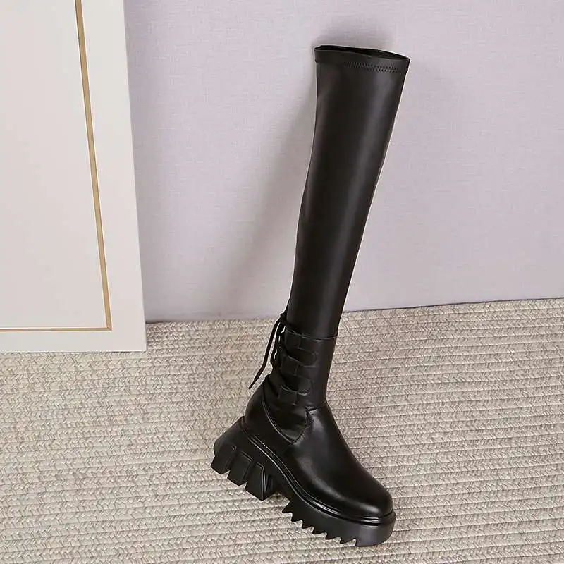 

Lenkisen British style genuine leather round toe thick bottom stretch boots high street fashion solid over-the-knee boots L52