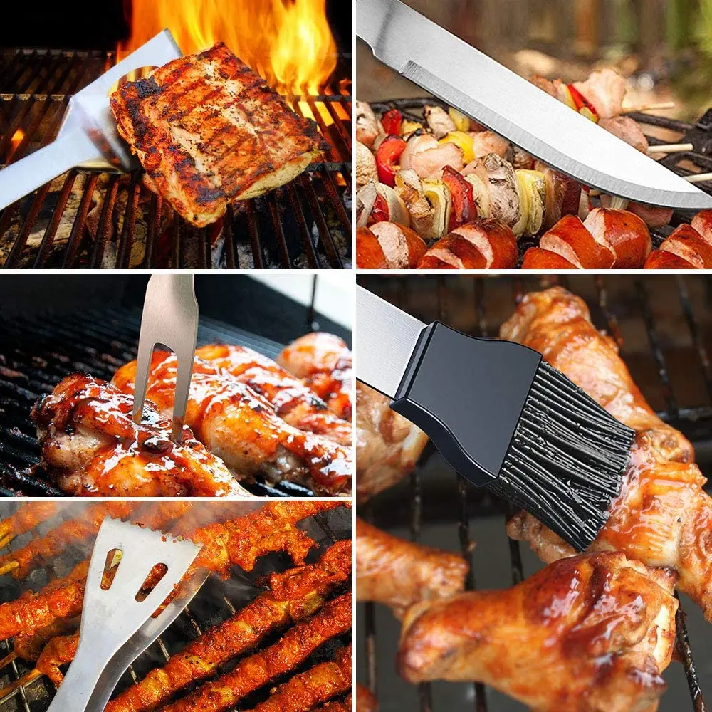 BBQ Grill Tools Set Stainless Steel Spatula Fork Basting Brush Tongs Barbecue Grilling Utensil Accessories Cooking Kit |