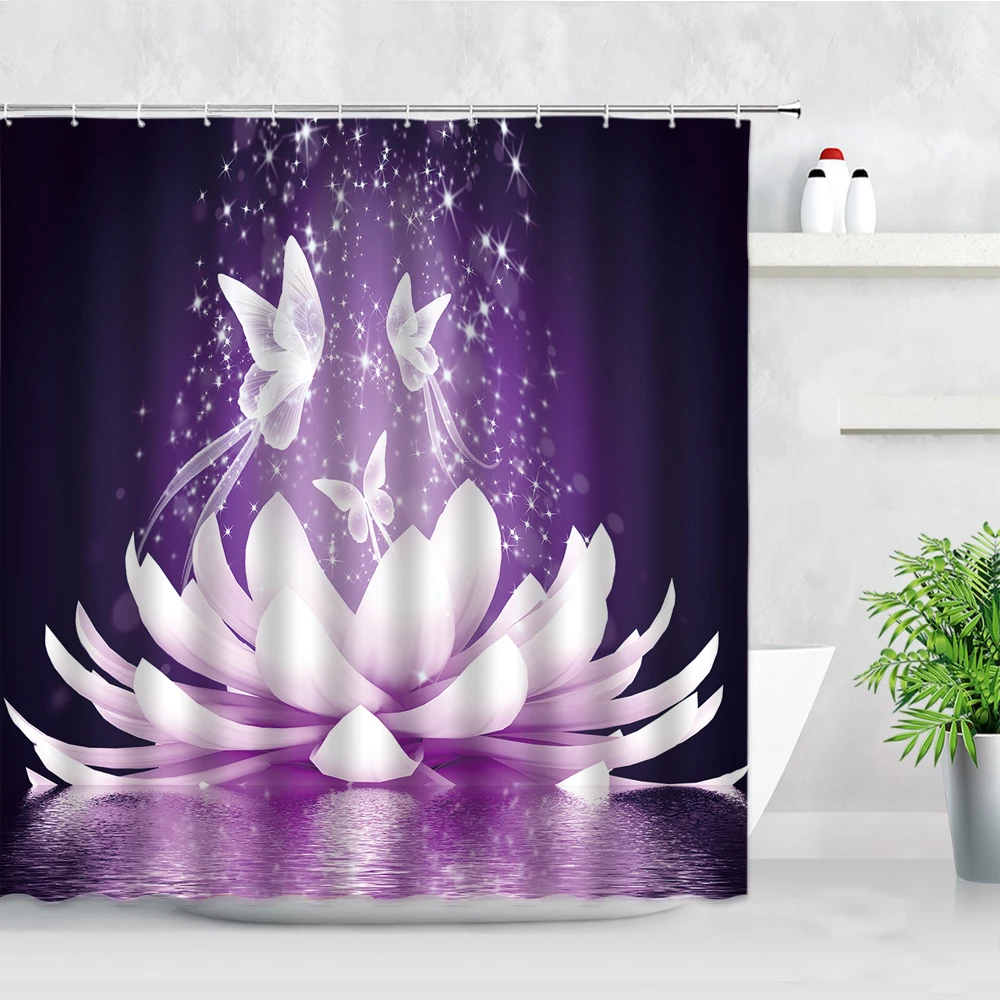 

Landscape Shower Curtain Set 3D Dream Butterfly Purple Lotus Scenery Waterproof Bathtub Decor Polyester Fabric Bathroom Curtains