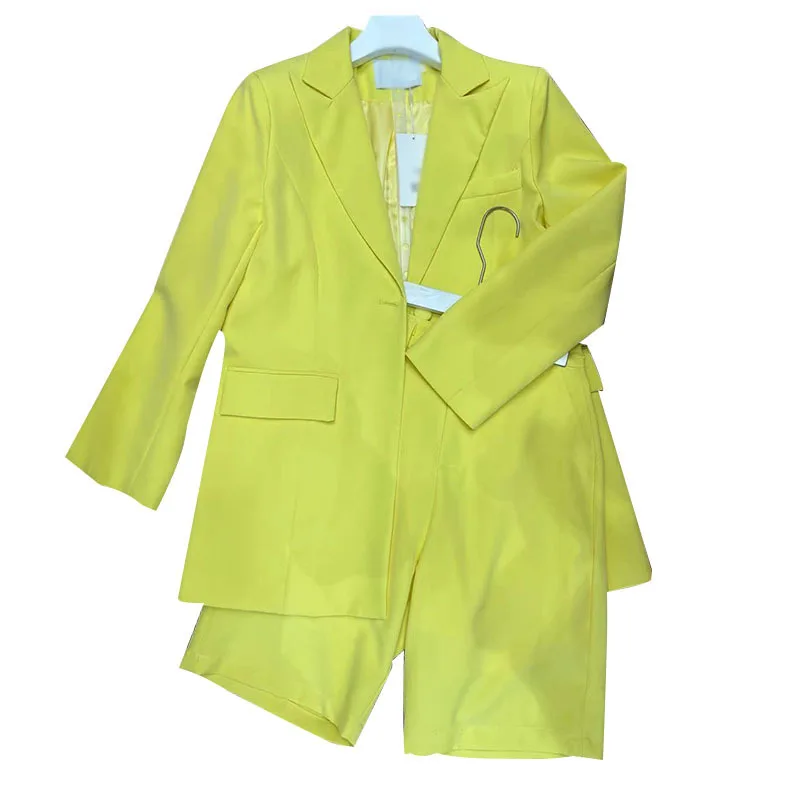 

VGH Solid Casual Two Piece Set For Women Notched Long Sleeve Blazers High Waist Loose Short Pants Patchwork Sets Female 2021 New