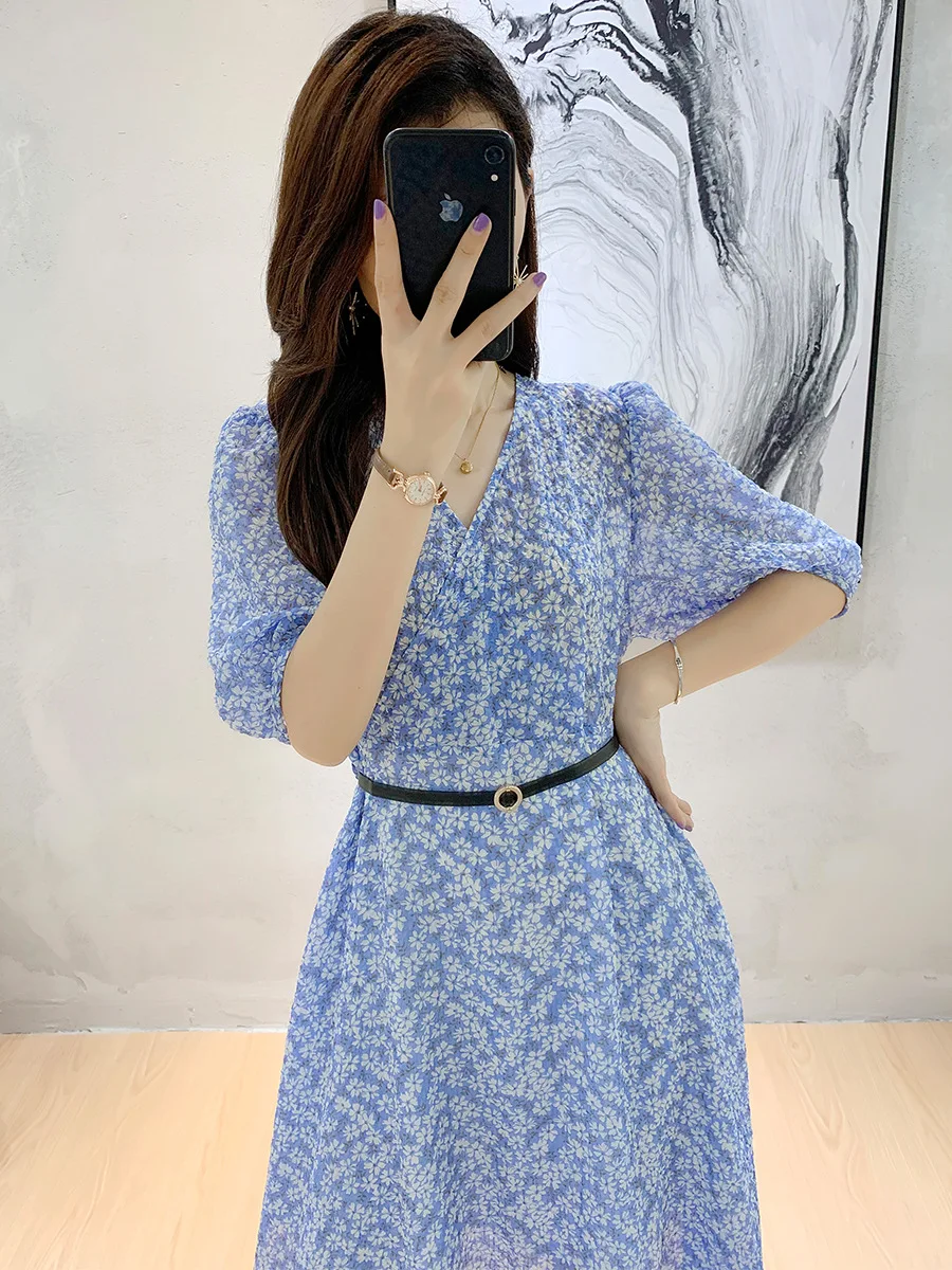 

2021 Summer European Elegant Office Lady V-Neck Half Sleeves Lacing Belt Floral Printing Plus Size Long Chiffon Dress Women