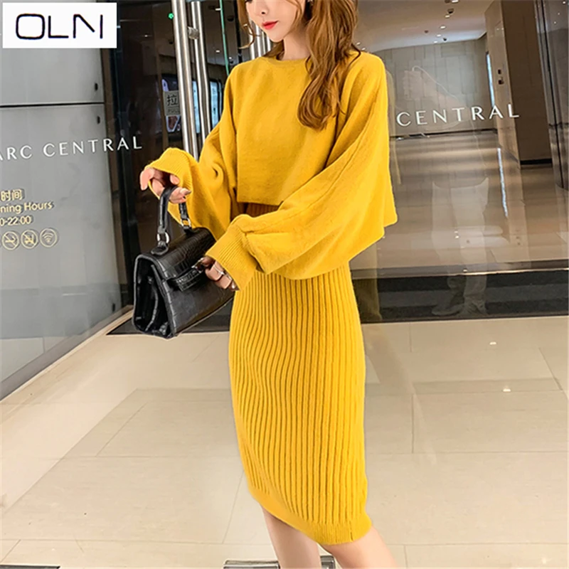 Осеннее платье OLN корейский vestidos Новое поступление Зимний трикотажный шерстяной костюм платье-свитер женский из двух предметов