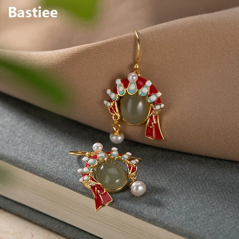 Bastiee Beijing Opera Mask Drop Earrings 925 Sterling Silver Jewelry For Women Pearl Dangle Earings Jade Gold Plated Luxury