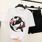 Футболка женская с графическим принтом, Повседневная белая рубашка с коротким рукавом, с принтом китайского кои, в стиле Харадзюку