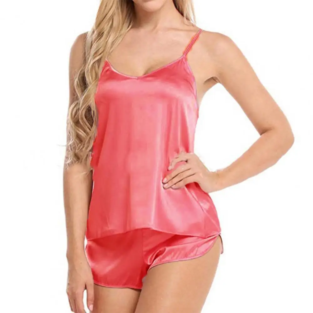 

Plus Size Summer Pajama Set Fashion Sexy 2 Piece Solid Color Women Spaghetti Strap V Neck Sleepwear Sleeping Nightgown