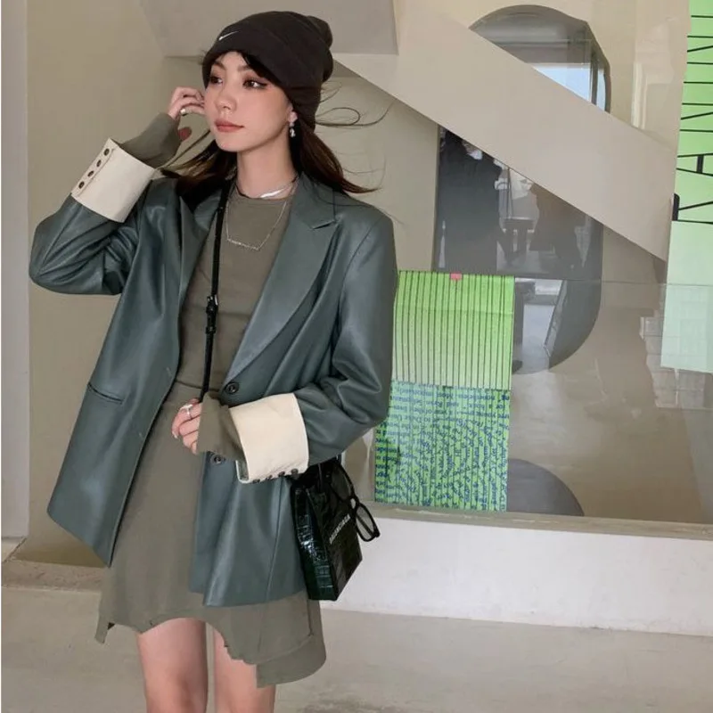 Women Faux Leather PU Blazer Jackets Vintage Casual Loose Korean Fashion Leathers Jacket Femme Casaco Feminino Jaqueta Chaquetas