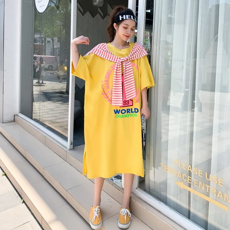 Женское платье-футболка в полоску свободное приталенное Хлопковое платье