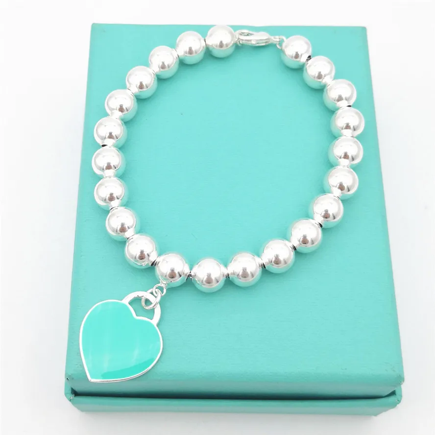 

S925 Sterling Silver Women's Blue Enamel Heart Tag 8mm Round Beads Bracelet Ladies Sterling Silver Round Beads Bracelet