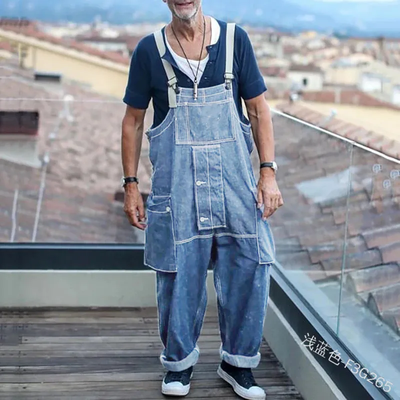 Джинсовый комбинезон мужской Длинные однотонные свободные штаны с карманами